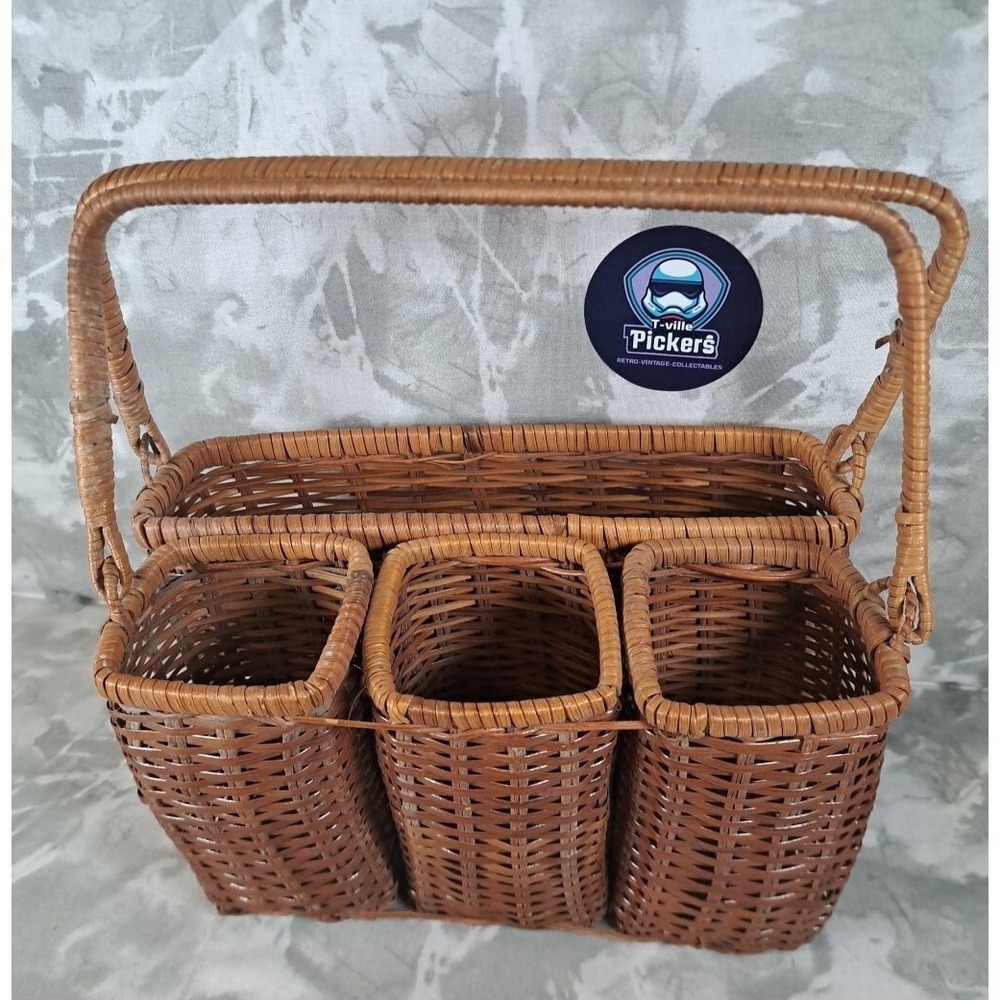 Vtg‎ Wicker Silverware Caddy Flatware Napkin  Holder Organizer Rattan BOHO decor